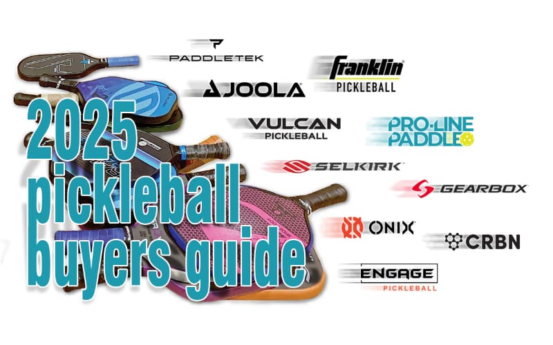 Top pickleball paddle brands featured in the 2025 buyer’s guide, including Pro-Line, JOOLA, Gearbox, Selkirk, and more, with image of popular paddles.