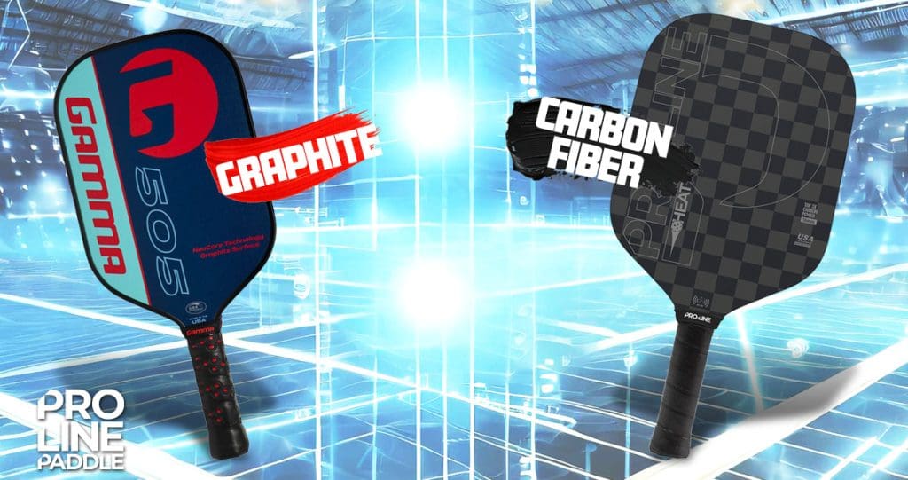 Side-by-side comparison of a graphite pickleball paddle and a carbon fiber paddle, highlighting the performance differences—speed and agility of graphite versus the control, spin, and durability of carbon fiber, as explained in Pro-Line Paddle’s paddle material guide.