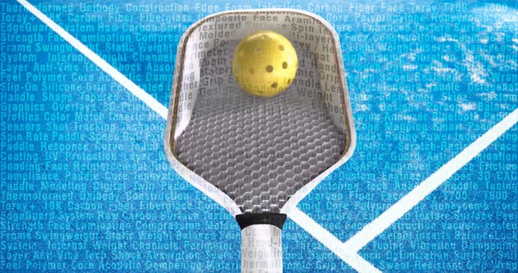 Close-up of a pickleball paddle with a honeycomb polymer core and carbon fiber face hitting a yellow pickleball, overlaid with paddle material keywords, set against a blue court background.