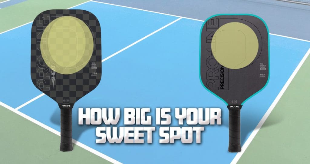 Two pickleball paddles, the Pro-Line Heat (left) and Pro-Line Precision (right), are shown standing upright on a blue and green court. Each paddle has a highlighted circular area representing its sweet spot, with the Heat’s sweet spot slightly smaller and centered, and the Precision’s sweet spot larger and higher. Bold white text at the bottom asks: “How Big Is Your Sweet Spot.”