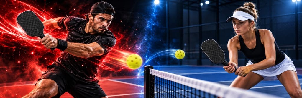 Two pickleball players face off on an indoor court, with one hitting a powerful drive amid red energy effects and the other preparing a controlled dink on the blue side of the net.